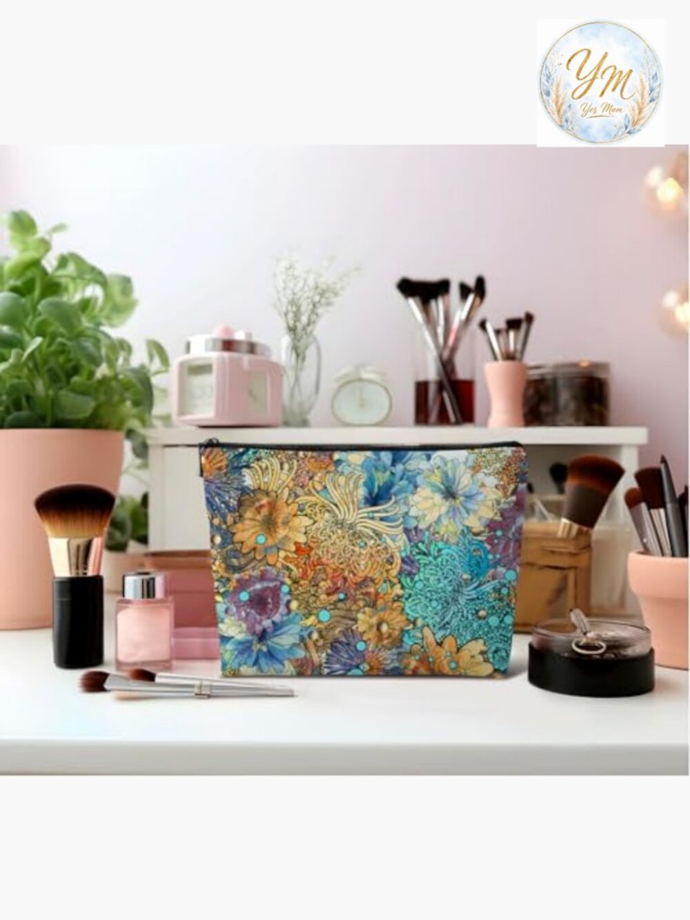 Vintage Leather Makeup Bag with Wildflower Prints, Zipper Pouch for Travel - Picture 2 of 6